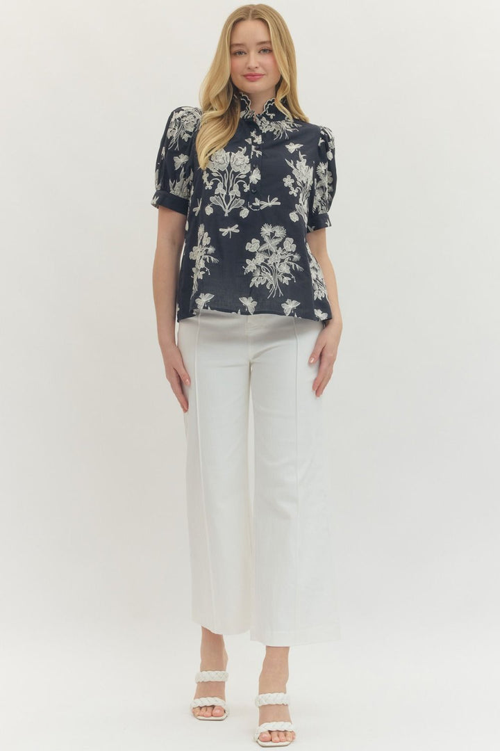 Embroidered Scallop Mock Neck Puff Sleeve Top - Lush Lemon - Women's Clothing - Entro - 16090031029501