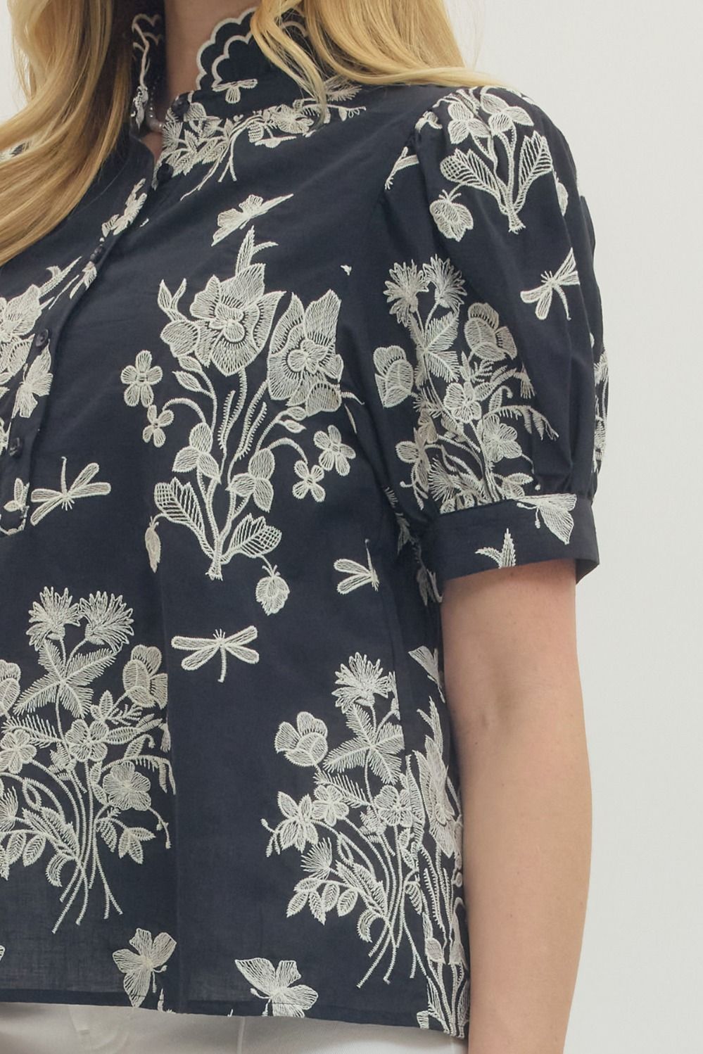 Embroidered Scallop Mock Neck Puff Sleeve Top - Lush Lemon - Women's Clothing - Entro - 16090031029501