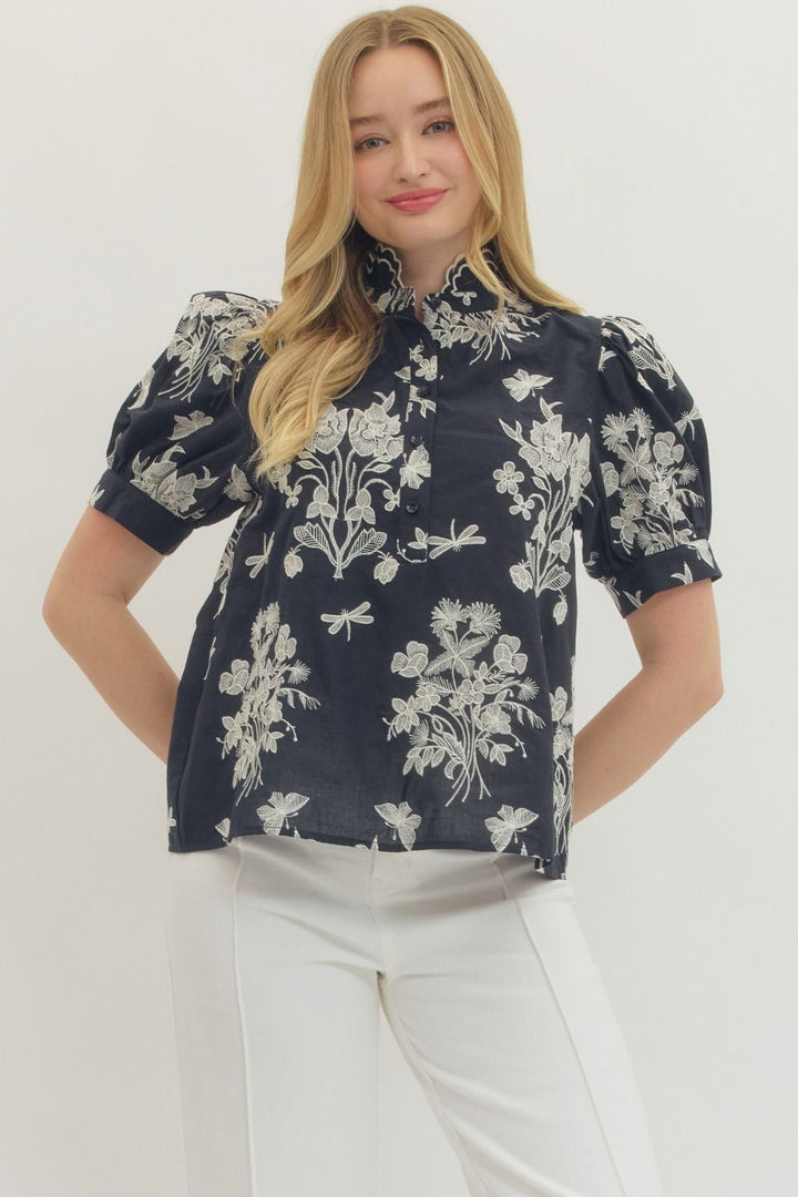 Embroidered Scallop Mock Neck Puff Sleeve Top - Lush Lemon - Women's Clothing - Entro - 16090031029501
