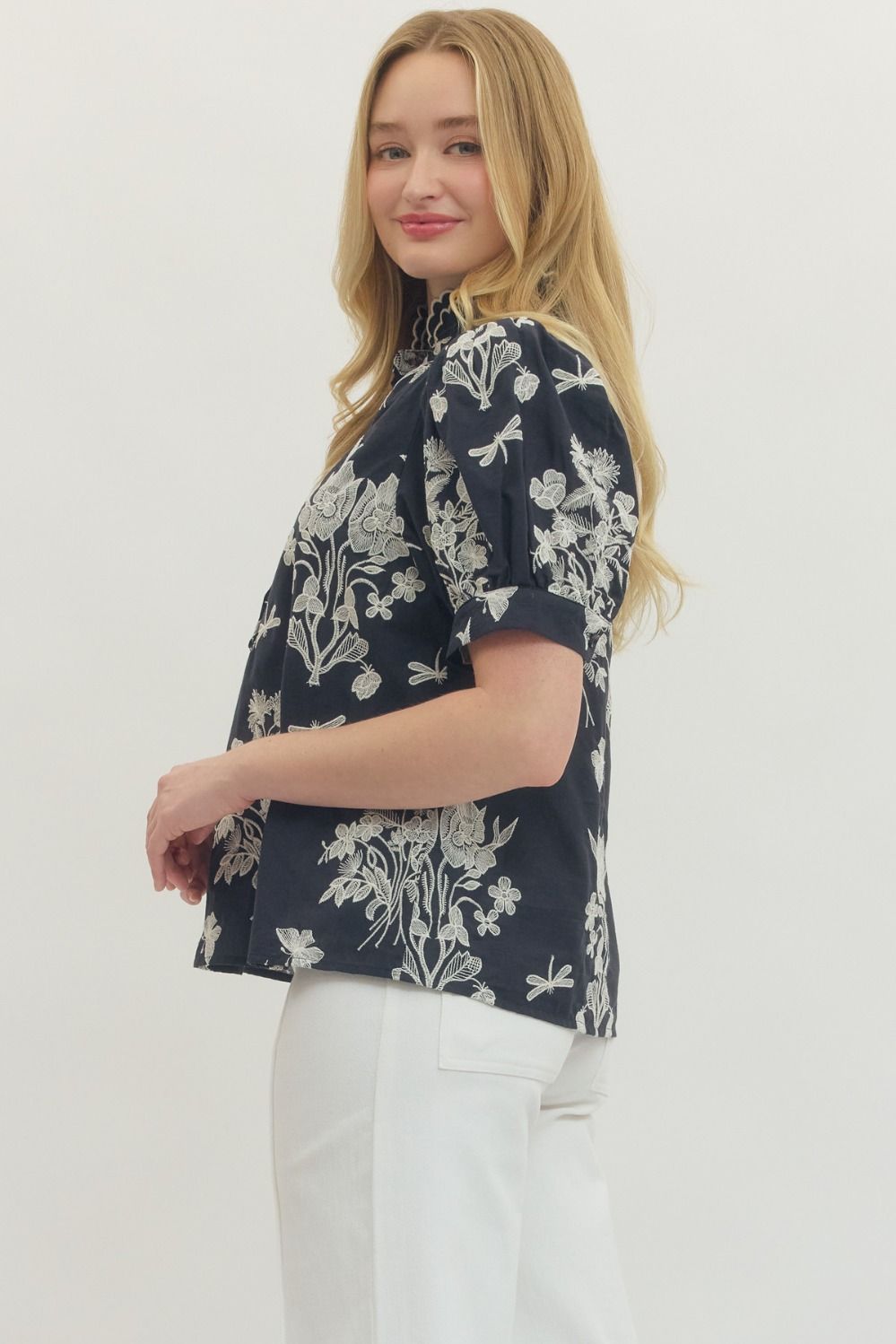 Embroidered Scallop Mock Neck Puff Sleeve Top - Lush Lemon - Women's Clothing - Entro - 16090031029501