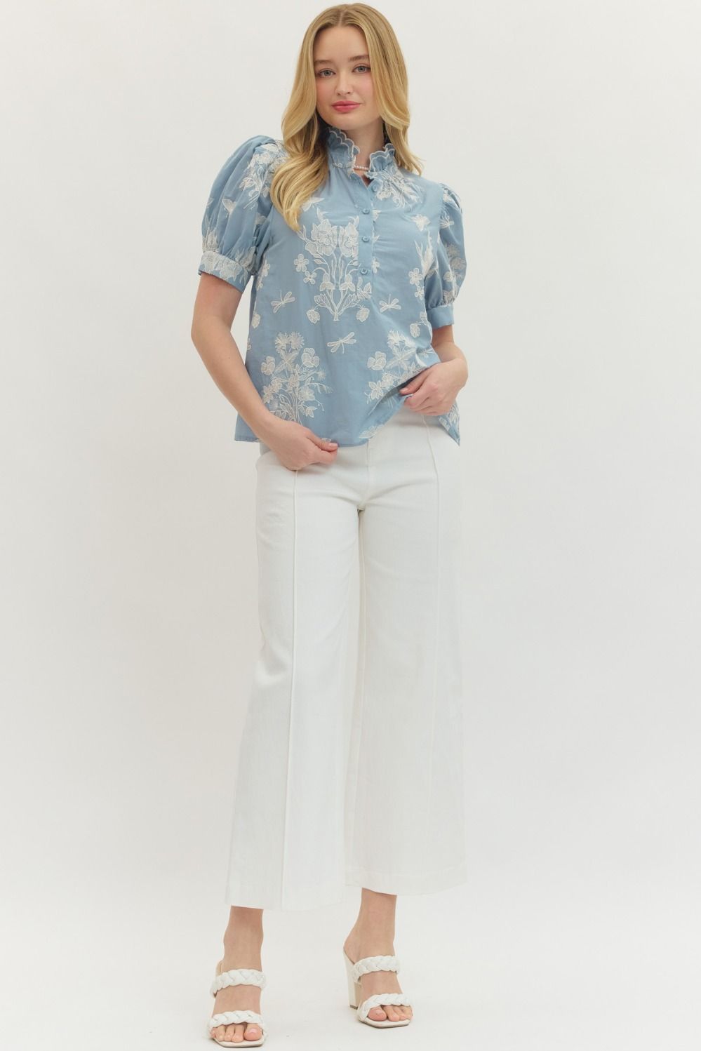 Embroidered Scallop Mock Neck Puff Sleeve Top - Lush Lemon - Women's Clothing - Entro - 89681941098429