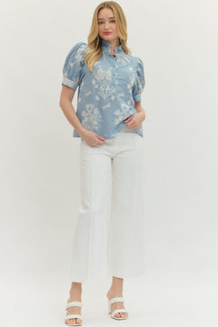 Embroidered Scallop Mock Neck Puff Sleeve Top - Lush Lemon - Women&