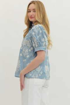 Embroidered Scallop Mock Neck Puff Sleeve Top - Lush Lemon - Women&