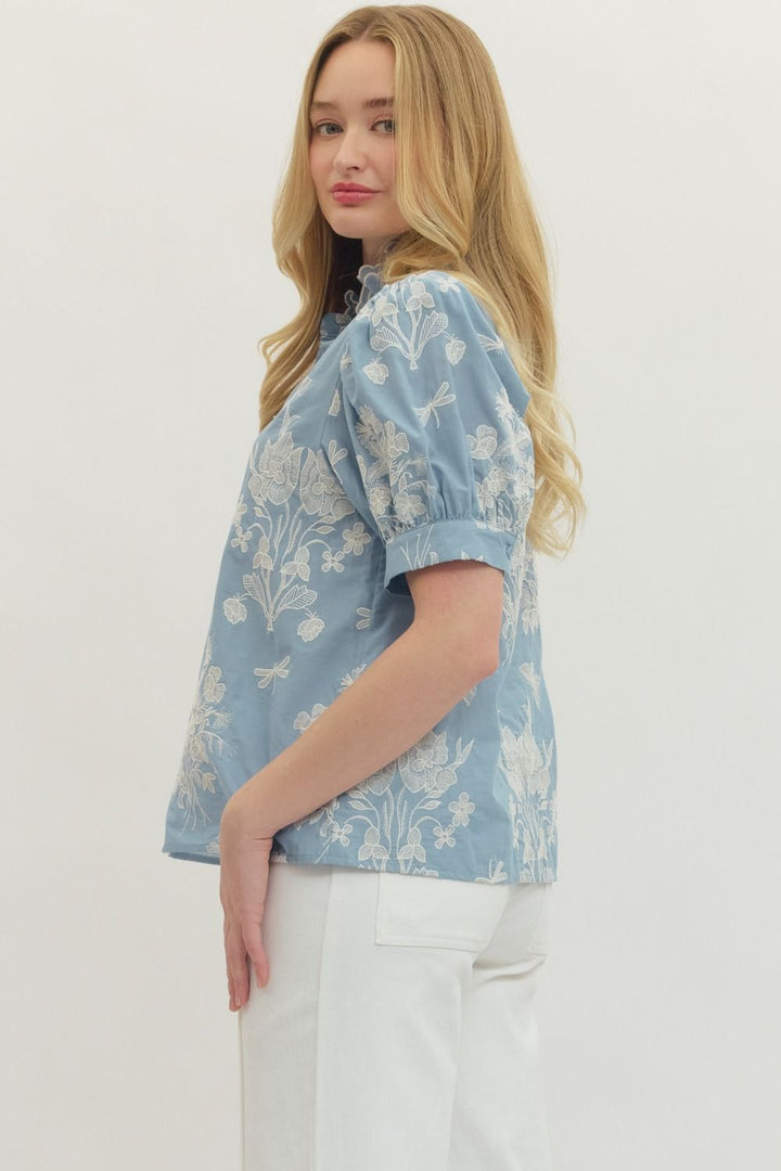 Embroidered Scallop Mock Neck Puff Sleeve Top - Lush Lemon - Women's Clothing - Entro - 89681941098429