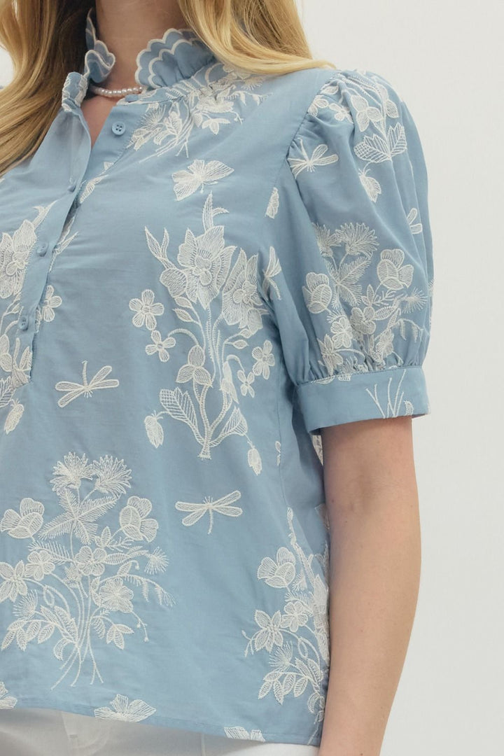 Embroidered Scallop Mock Neck Puff Sleeve Top - Lush Lemon - Women's Clothing - Entro - 89681941098429