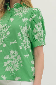Embroidered Scallop Mock Neck Puff Sleeve Top - Lush Lemon - Women&