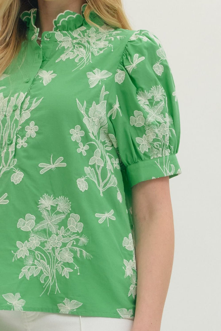 Embroidered Scallop Mock Neck Puff Sleeve Top - Lush Lemon - Women's Clothing - Entro - 89681941396733