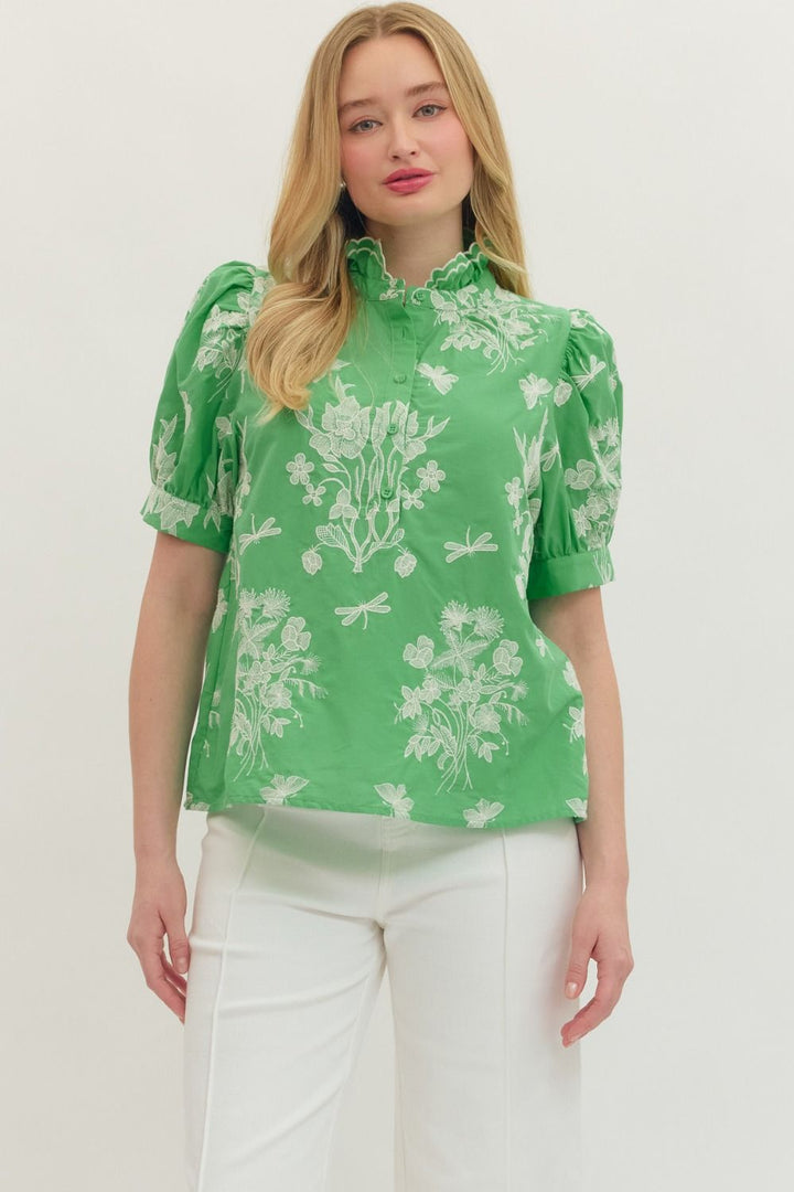 Embroidered Scallop Mock Neck Puff Sleeve Top - Lush Lemon - Women's Clothing - Entro - 89681941396733