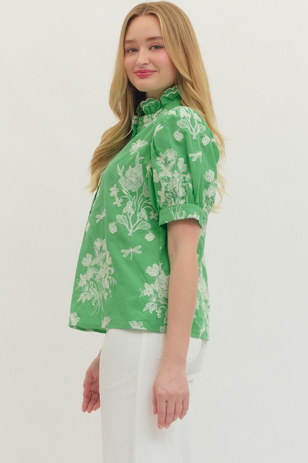 Embroidered Scallop Mock Neck Puff Sleeve Top - Lush Lemon - Women's Clothing - Entro - 89681941396733