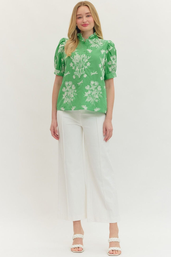 Embroidered Scallop Mock Neck Puff Sleeve Top - Lush Lemon - Women's Clothing - Entro - 89681941396733