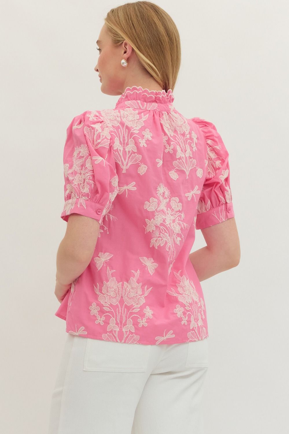 Embroidered Scallop Mock Neck Puff Sleeve Top - Lush Lemon - Women's Clothing - Entro - 89681941995037