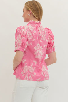 Embroidered Scallop Mock Neck Puff Sleeve Top - Lush Lemon - Women&