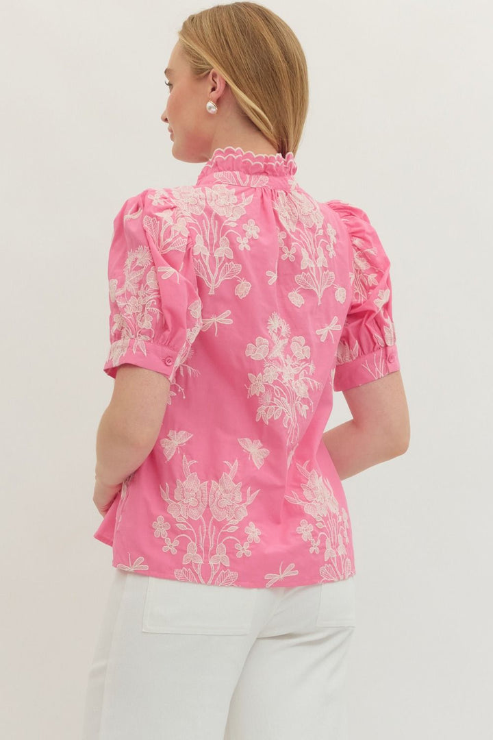 Embroidered Scallop Mock Neck Puff Sleeve Top - Lush Lemon - Women's Clothing - Entro - 89681941995037