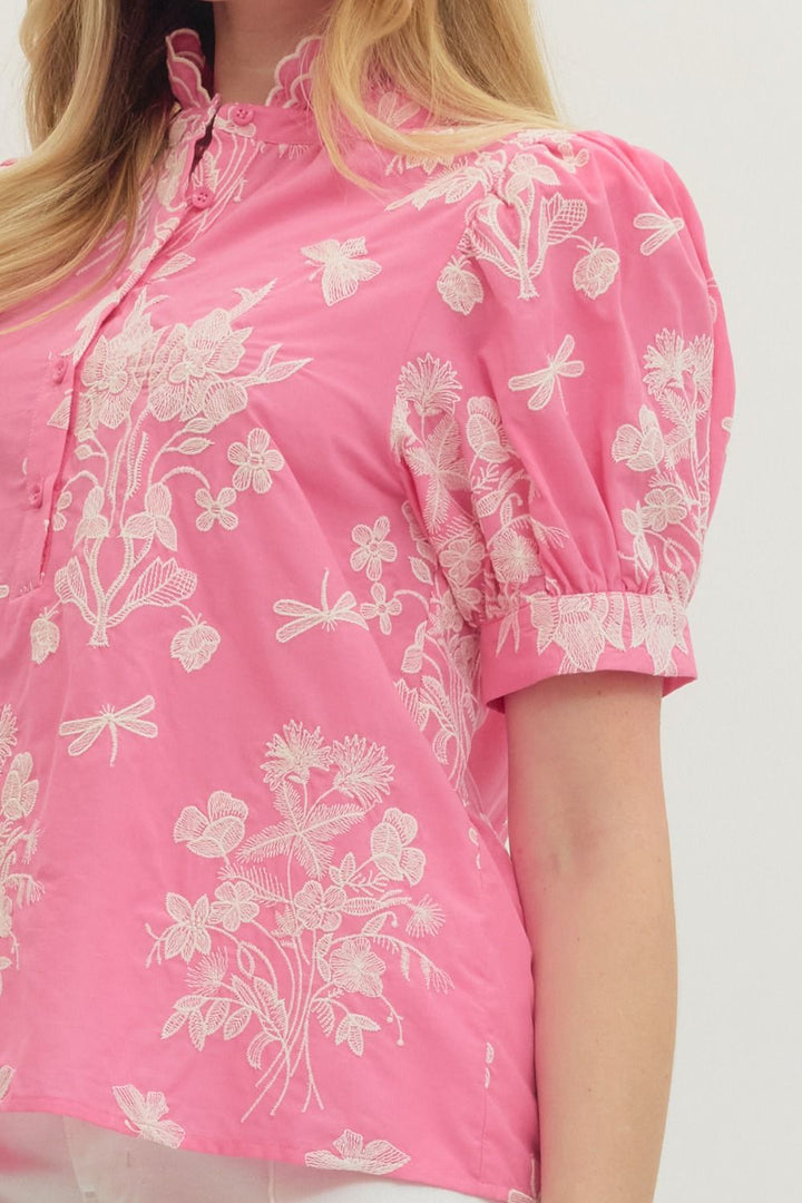 Embroidered Scallop Mock Neck Puff Sleeve Top - Lush Lemon - Women's Clothing - Entro - 89681941995037