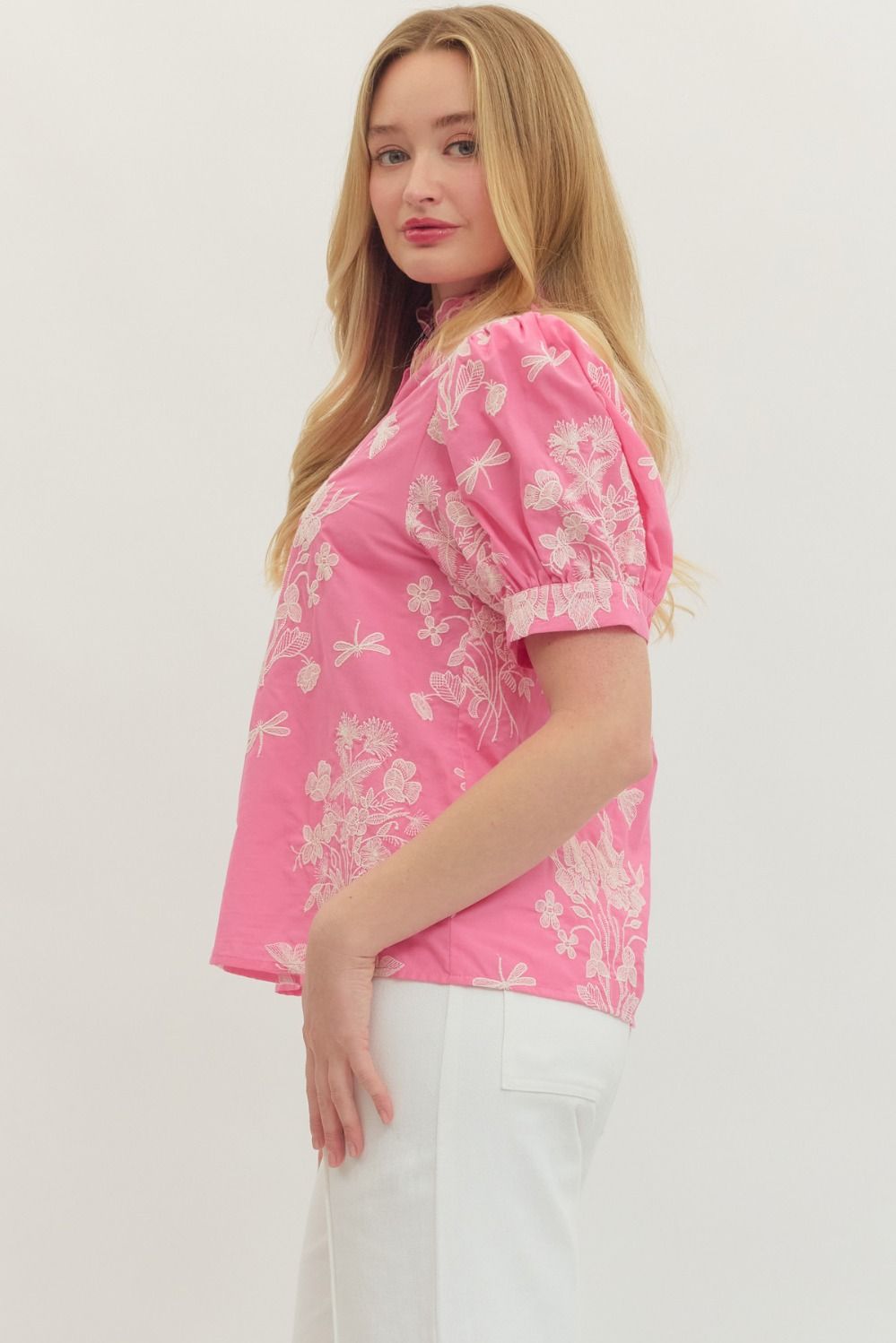 Embroidered Scallop Mock Neck Puff Sleeve Top - Lush Lemon - Women's Clothing - Entro - 89681941995037