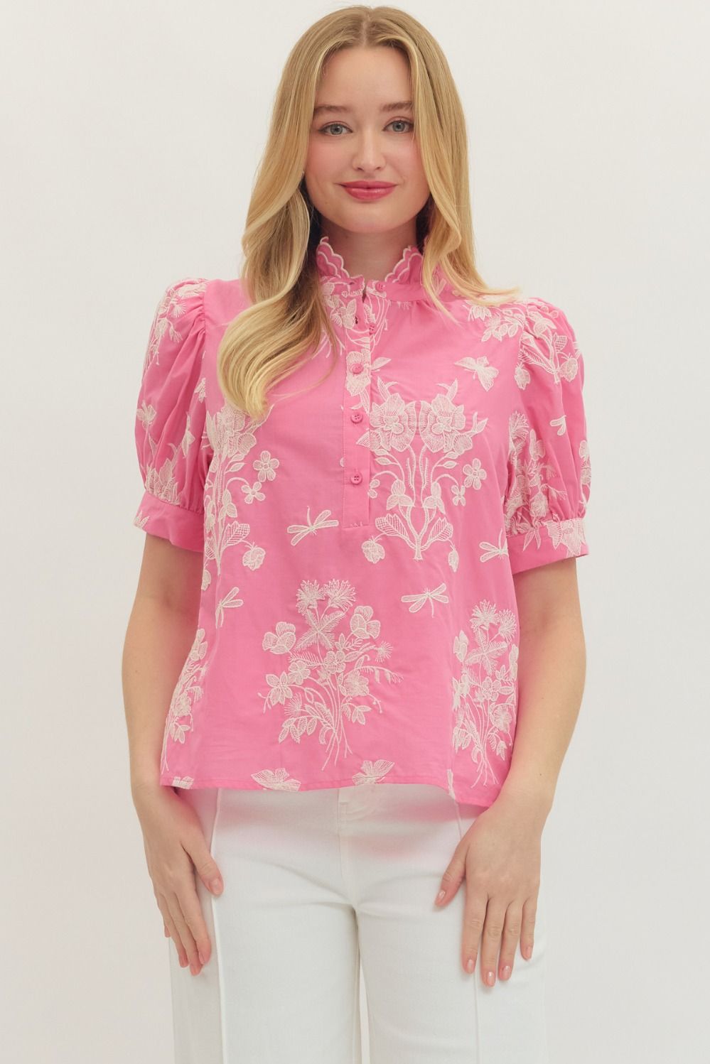 Embroidered Scallop Mock Neck Puff Sleeve Top - Lush Lemon - Women's Clothing - Entro - 89681941995037