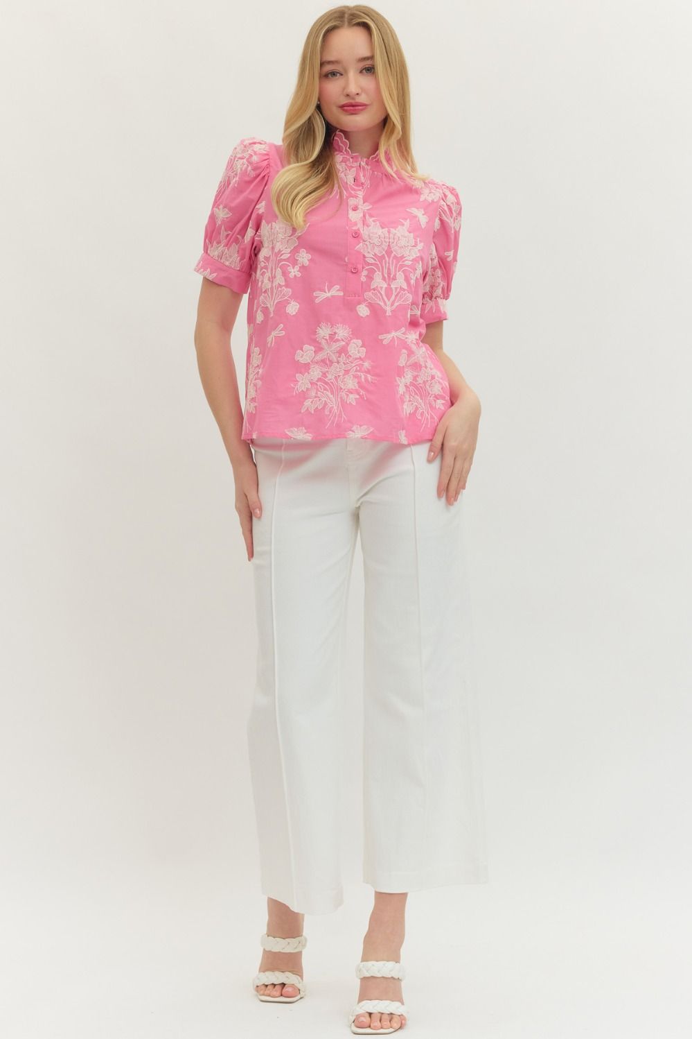 Embroidered Scallop Mock Neck Puff Sleeve Top - Lush Lemon - Women's Clothing - Entro - 89681941995037