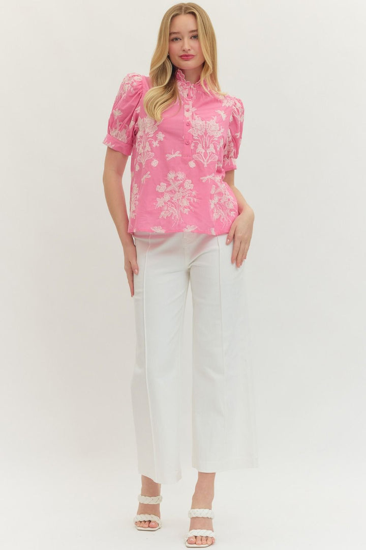 Embroidered Scallop Mock Neck Puff Sleeve Top - Lush Lemon - Women's Clothing - Entro - 89681941995037