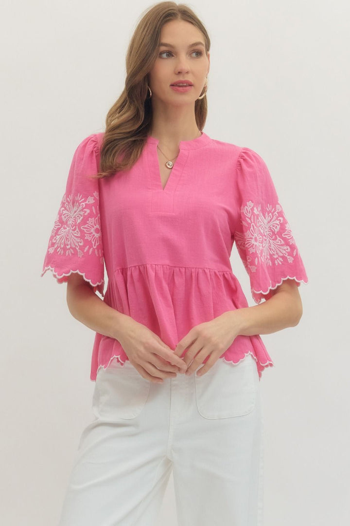 Embroidered Sleeve Scallop Hem Top - Lush Lemon - Women's Clothing - Entro - 91209911040381