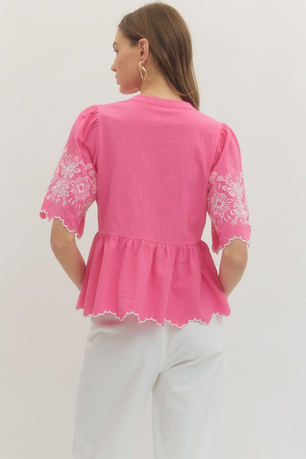 Embroidered Sleeve Scallop Hem Top - Lush Lemon - Women's Clothing - Entro - 91209911040381