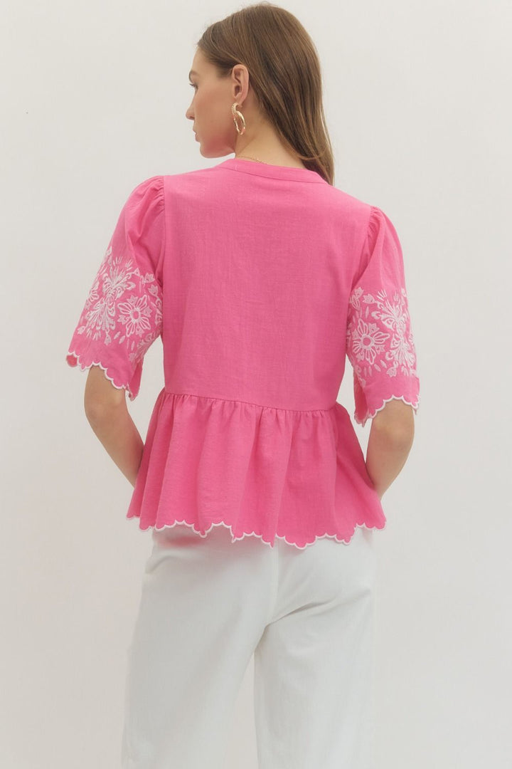 Embroidered Sleeve Scallop Hem Top - Lush Lemon - Women's Clothing - Entro - 91209911040381