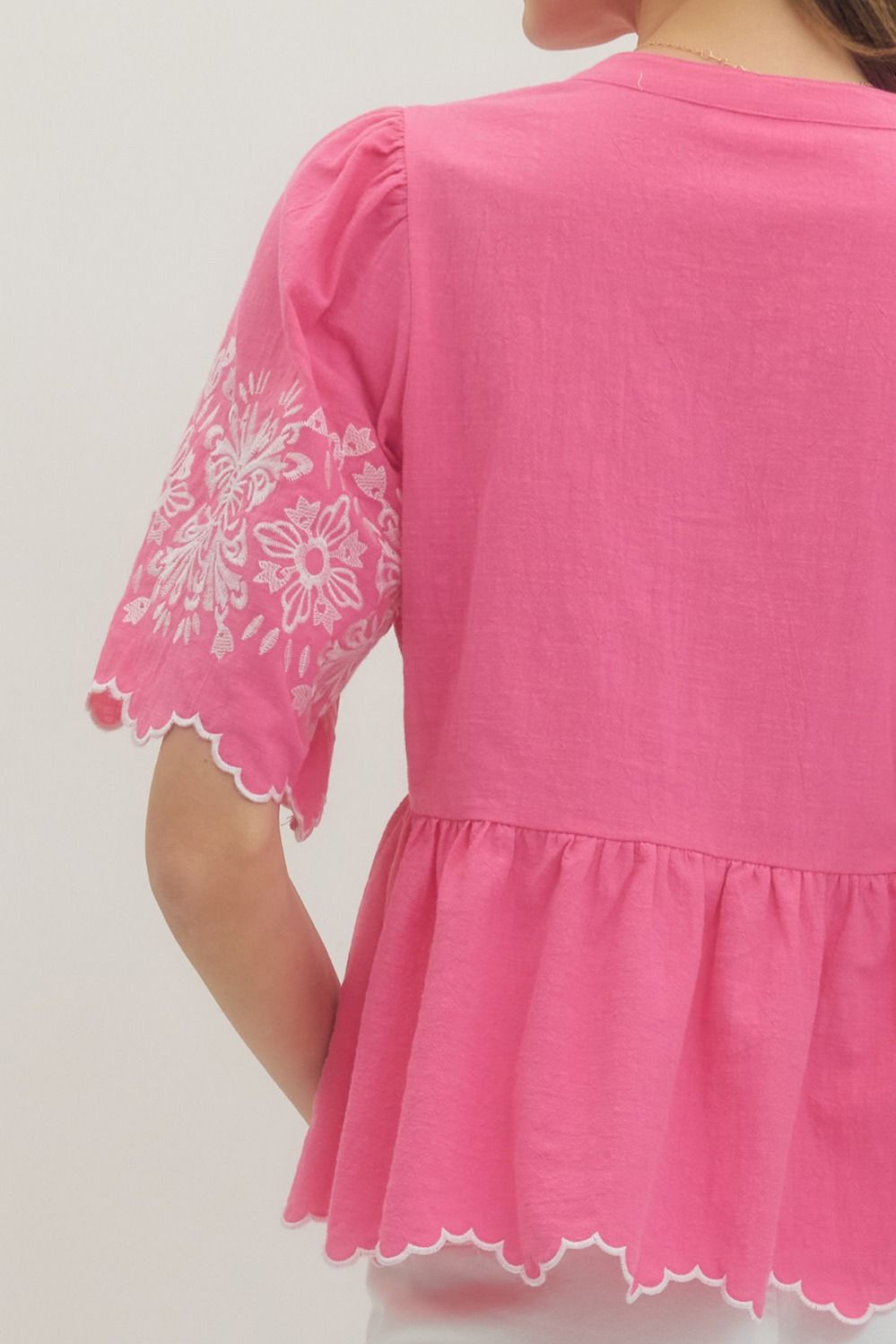 Embroidered Sleeve Scallop Hem Top - Lush Lemon - Women's Clothing - Entro - 91209911040381