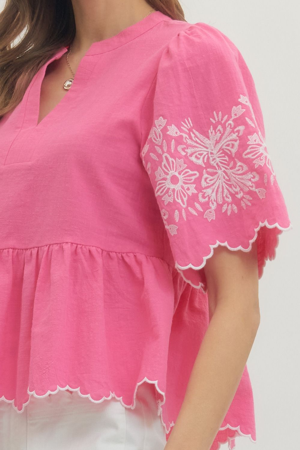 Embroidered Sleeve Scallop Hem Top - Lush Lemon - Women's Clothing - Entro - 91209911040381