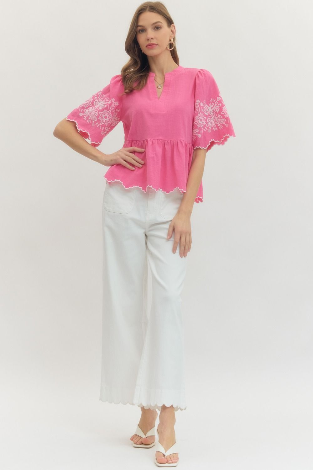 Embroidered Sleeve Scallop Hem Top - Lush Lemon - Women's Clothing - Entro - 91209911040381