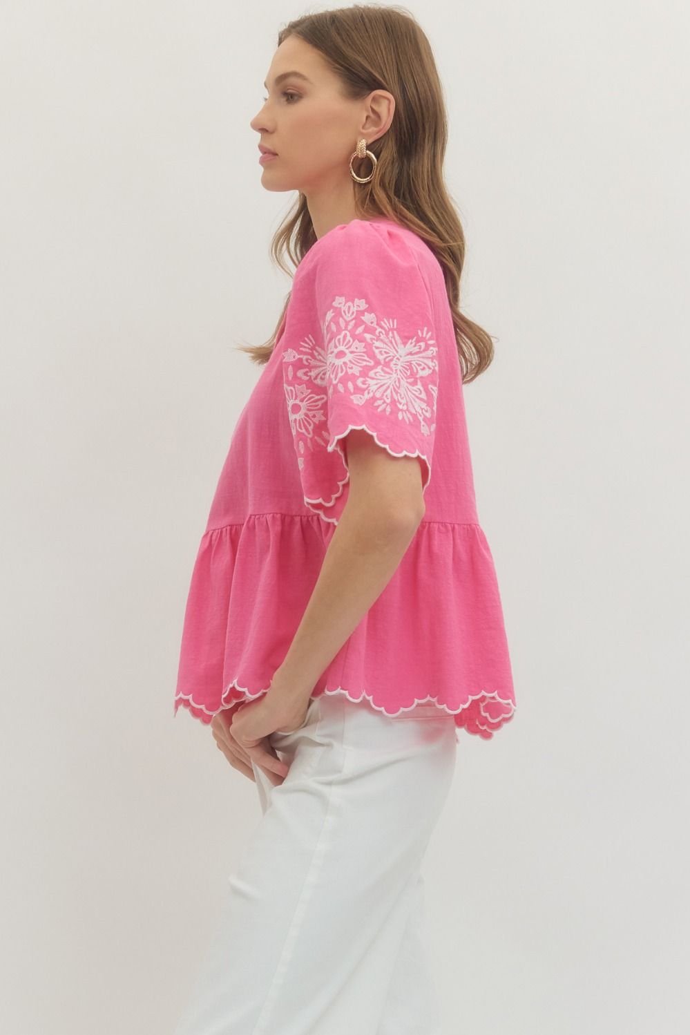 Embroidered Sleeve Scallop Hem Top - Lush Lemon - Women's Clothing - Entro - 91209911040381