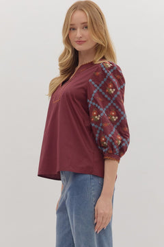 Embroidered Sleeve Scallop Trim Top - Lush Lemon - Women&