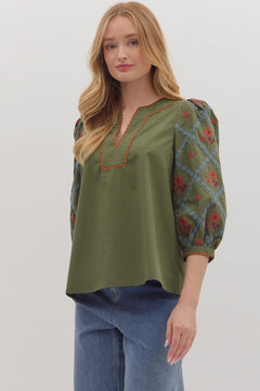 Embroidered Sleeve Scallop Trim Top - Lush Lemon - Women&