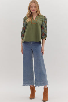 Embroidered Sleeve Scallop Trim Top - Lush Lemon - Women&
