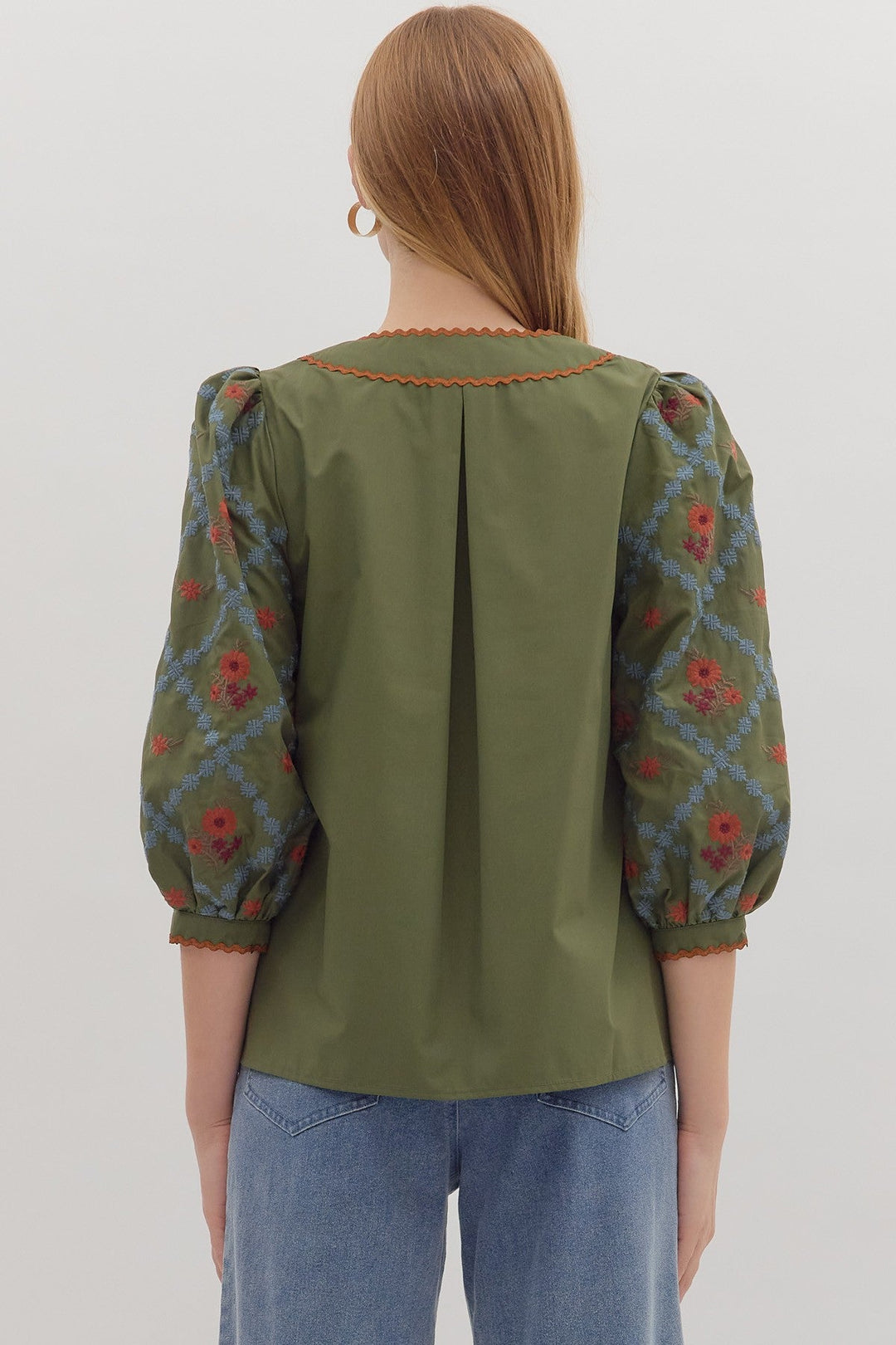 Embroidered Sleeve Scallop Trim Top - Lush Lemon - Women's Clothing - Entro - 18604821322749