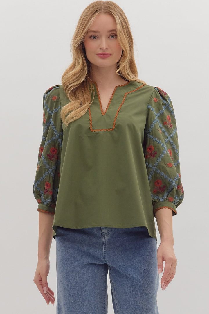 Embroidered Sleeve Scallop Trim Top - Lush Lemon - Women's Clothing - Entro - 18604821322749
