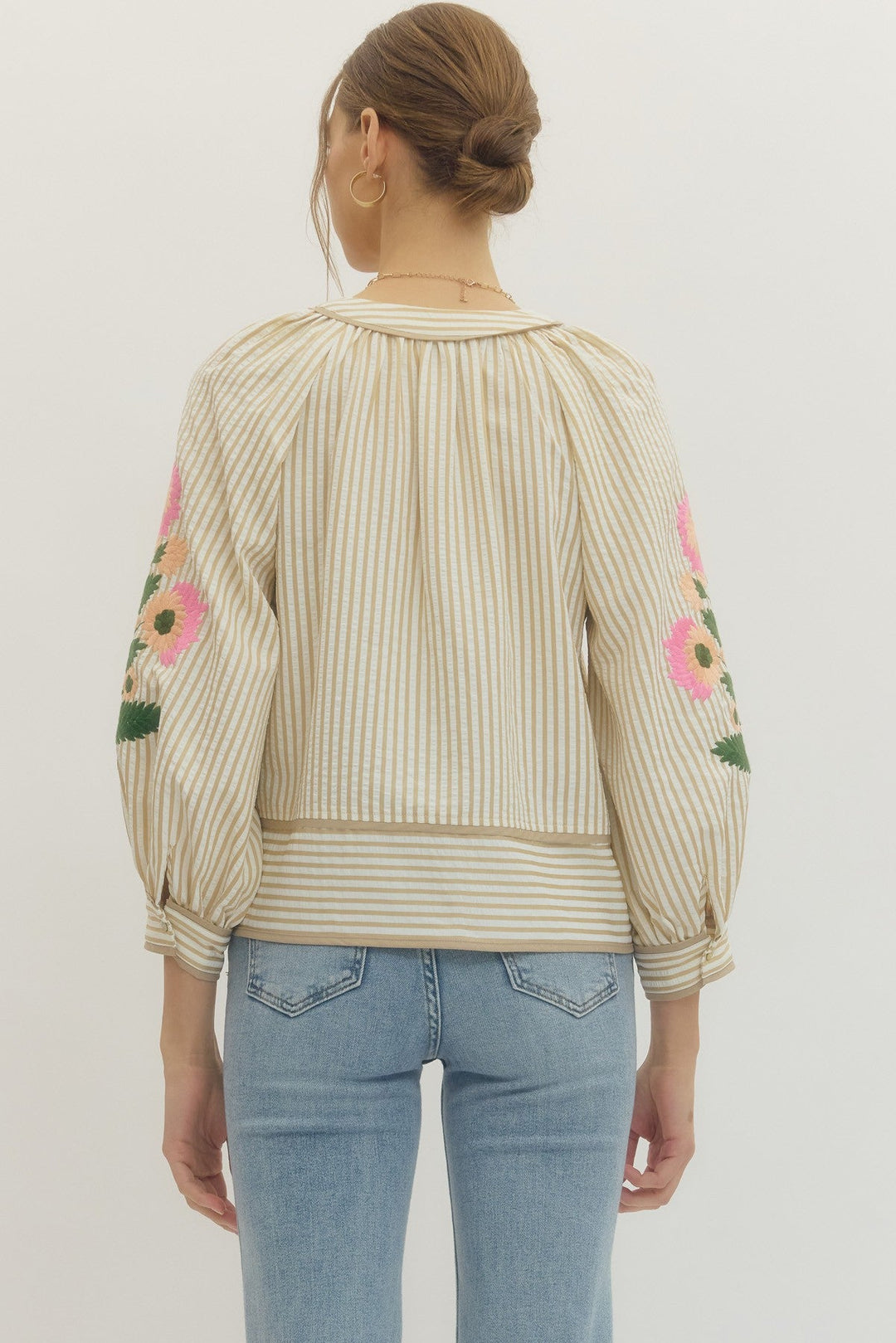 Embroidered Sleeve Striped Top - Lush Lemon - Women's Clothing - Entro - 24813441078525