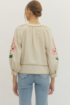 Embroidered Sleeve Striped Top - Lush Lemon - Women&