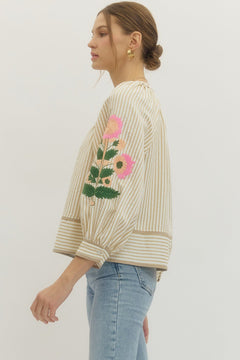 Embroidered Sleeve Striped Top - Lush Lemon - Women&