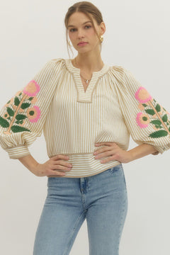 Embroidered Sleeve Striped Top - Lush Lemon - Women&