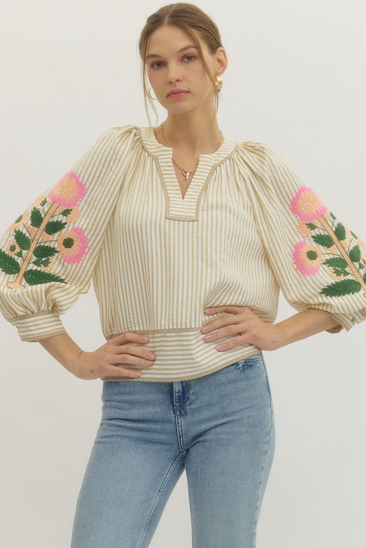 Embroidered Sleeve Striped Top - Lush Lemon - Women's Clothing - Entro - 24813441078525