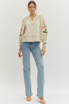 Embroidered Sleeve Striped Top - Lush Lemon - Women&