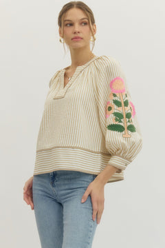 Embroidered Sleeve Striped Top - Lush Lemon - Women&