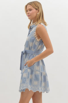 Embroidered Sleeveless Mini Dress W/Tie - Lush Lemon - Women&