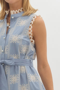 Embroidered Sleeveless Mini Dress W/Tie - Lush Lemon - Women&