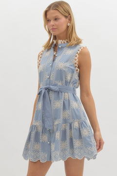 Embroidered Sleeveless Mini Dress W/Tie - Lush Lemon - Women&