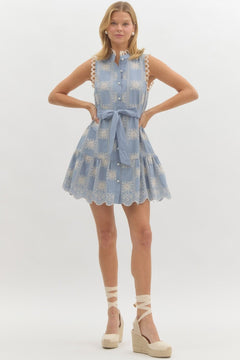 Embroidered Sleeveless Mini Dress W/Tie - Lush Lemon - Women&