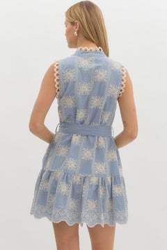 Embroidered Sleeveless Mini Dress W/Tie - Lush Lemon - Women&