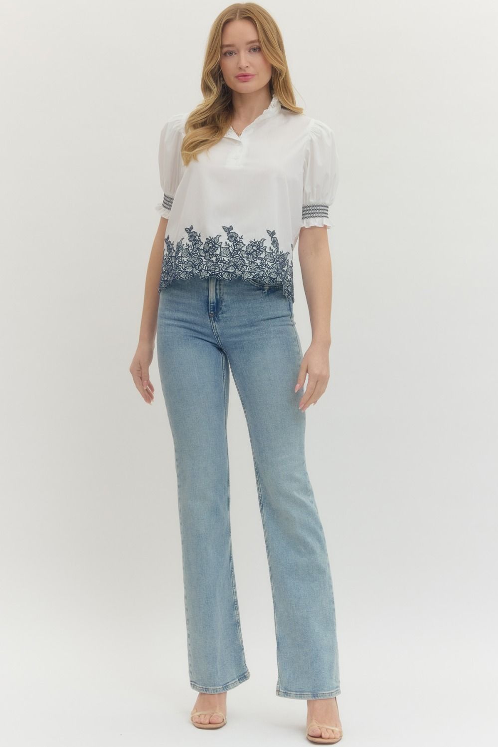 Embroidered Smocked Cuff Blouse W/ Ruffle Collar - Lush Lemon - Women's Clothing - Entro - 75832751089565