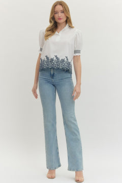 Embroidered Smocked Cuff Blouse W/ Ruffle Collar - Lush Lemon - Women&