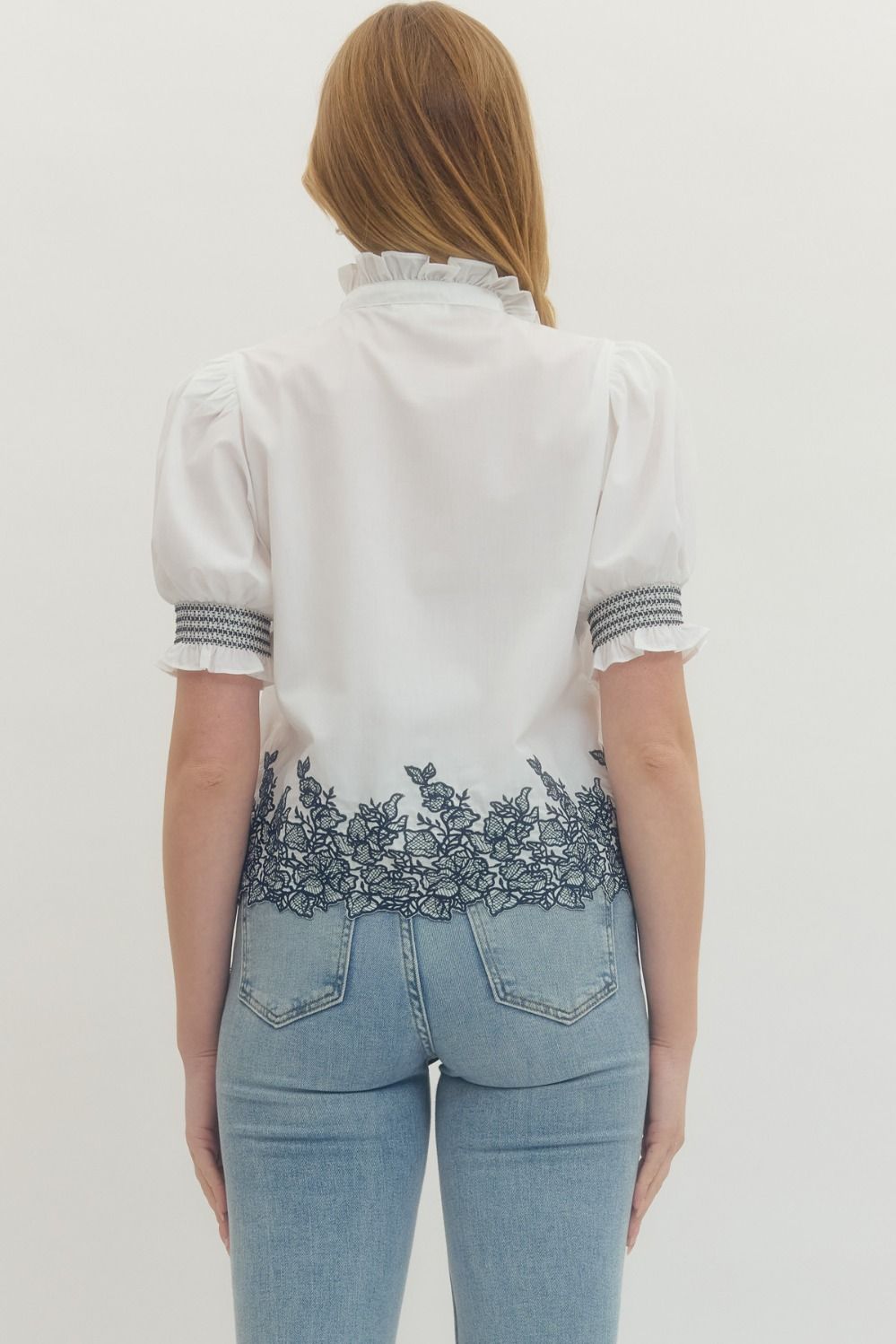 Embroidered Smocked Cuff Blouse W/ Ruffle Collar - Lush Lemon - Women's Clothing - Entro - 75832751089565