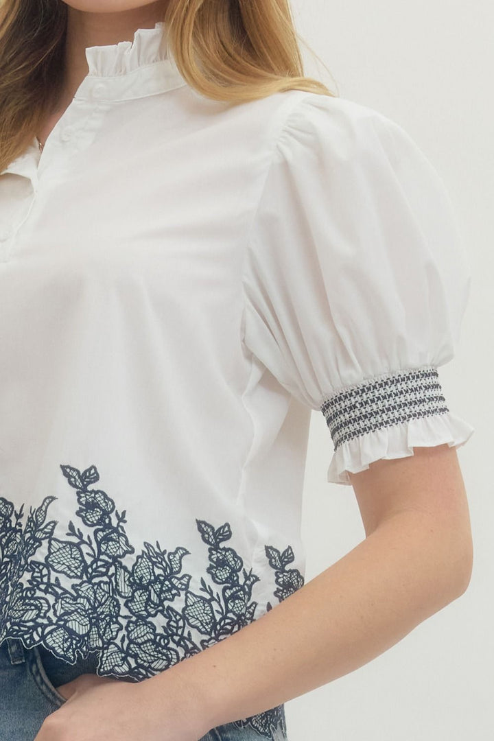 Embroidered Smocked Cuff Blouse W/ Ruffle Collar - Lush Lemon - Women's Clothing - Entro - 75832751089565